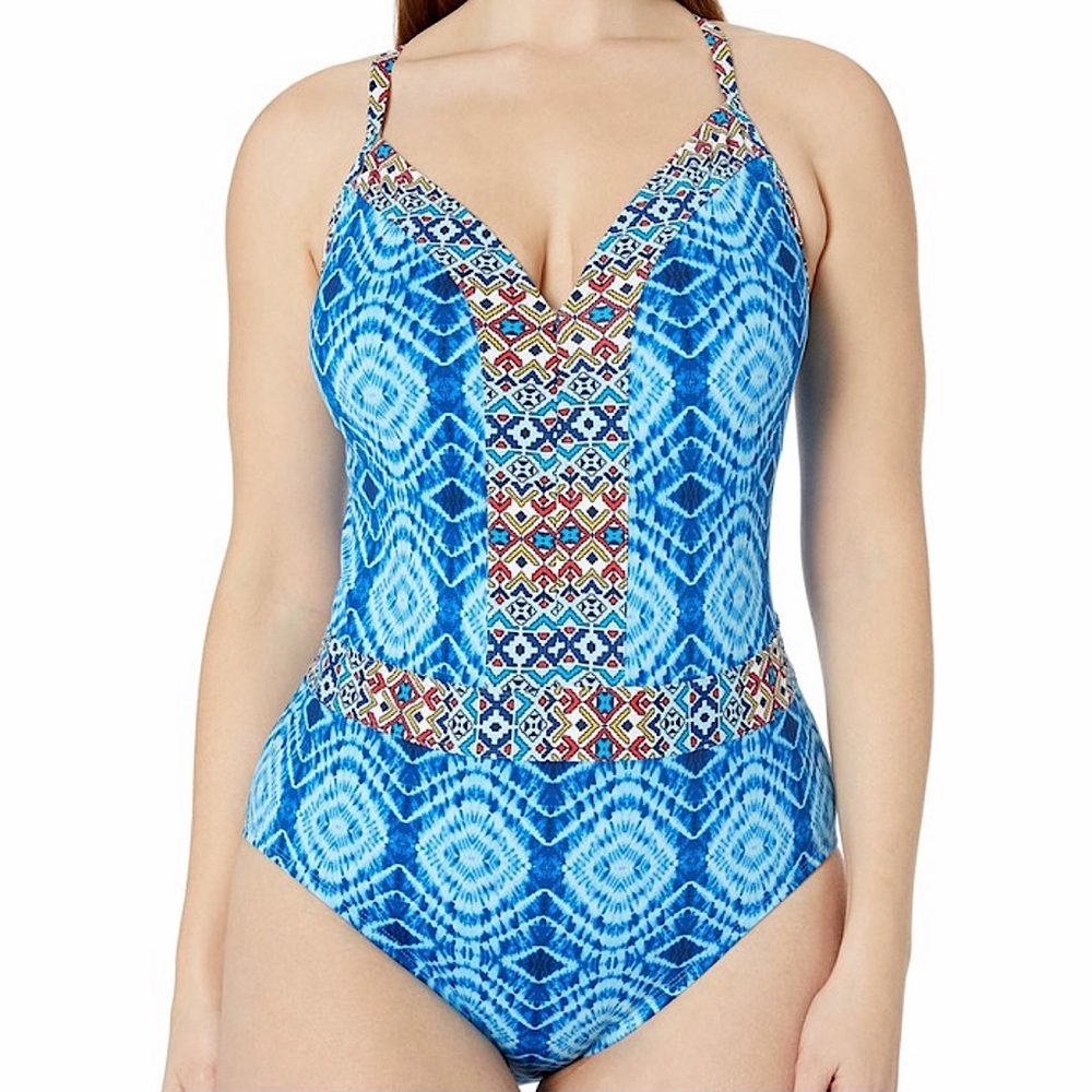 NWT Bleu Rod Beattie Mykonos Grecian Printed Blue One Piece Swimsuit